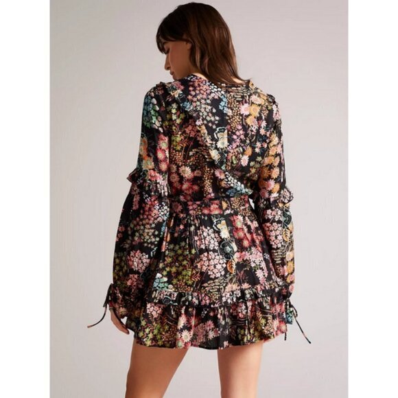 💕TED BAKER💕 Hendria Ruffled Crepe Mini Dress ~ Black Floral Print 4-6 US NWT - Picture 6 of 16